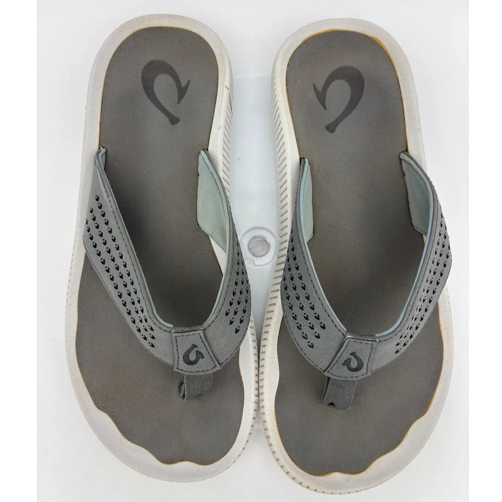 OLUKAI Ulele Mens Flip Flop Sandal Shoe Thong Gray White Grey Beach Stone 9